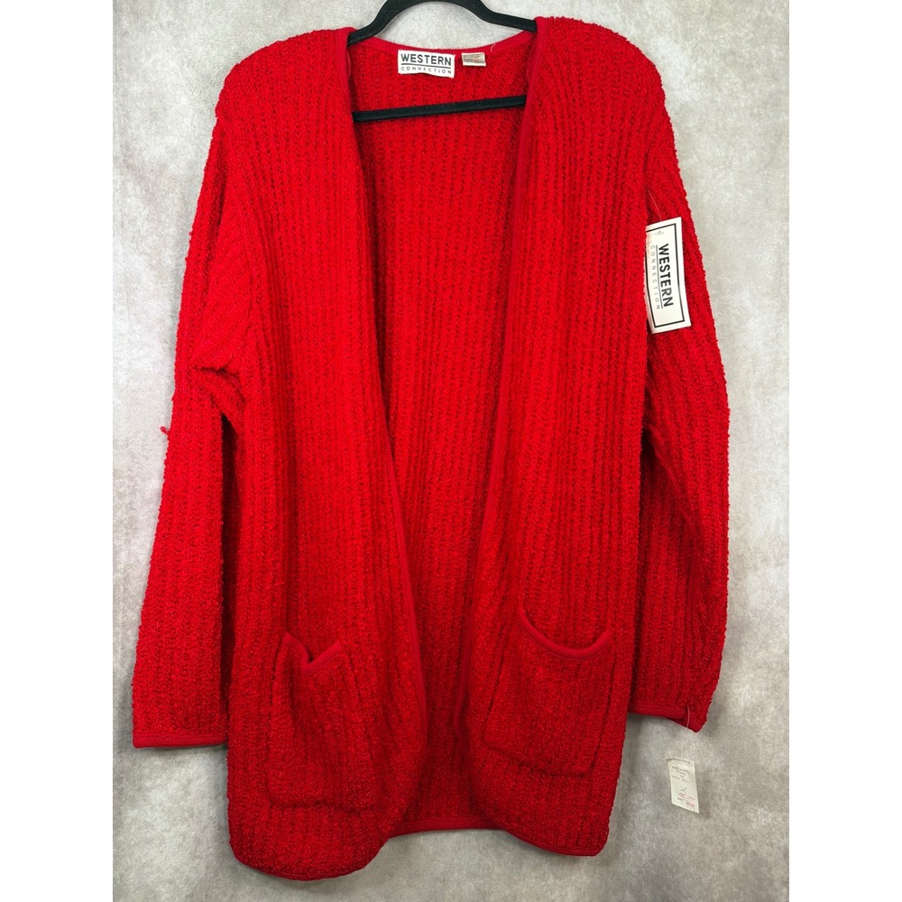 NWT VTG 90s Western Connection Red Textured Knit‎ Open Front Cardigan Size L